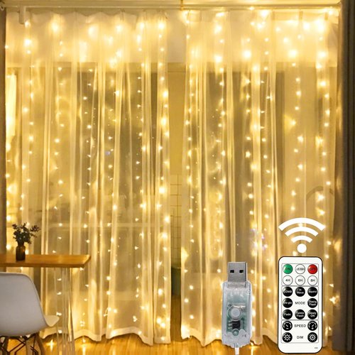 HOME LIGHTING 300 LED Window Curtain String Lights - 8 Lighting Modes & Remote Control | USB Powered Warm White Fairy Lights for Christmas & Weddings