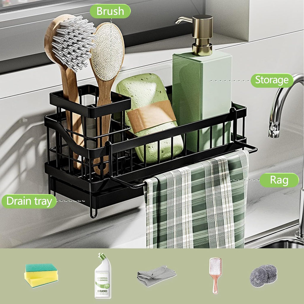 Skiennix Kitchen Sink Caddy Organizer - Rustproof Sponge Holder with Brush & Soap Dispenser | Multi-Functional Bath Storage