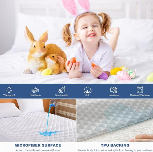 GRT Queen Waterproof Mattress Pad - 100% Quilted Protector | Noiseless Cotton, Fits 8"-26" Deep
