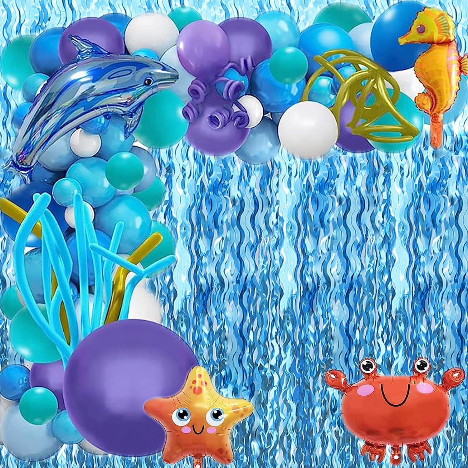 Skiennix Wavy Tinsel Foil Fringe Curtains - Teal Blue Streamers Backdrop for Ocean Themed Parties | 2 Pack, 3.2 ft x 6.6 ft