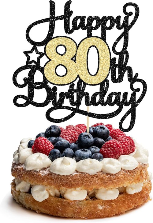 Happy 80th Birthday Cake Topper by [Brand Name] - Black Gold Glitter Design for 80th Anniversary Celebration