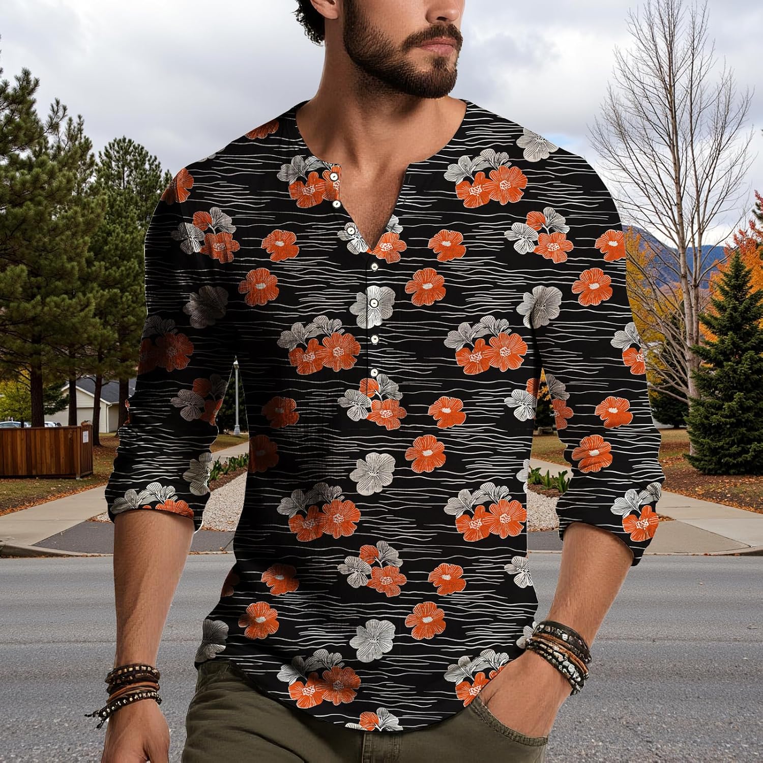 Skiennix Men's Long Sleeve Henley Shirt - Lightweight V-Neck Floral Print Casual Top