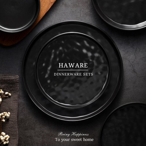 HaWare Dinnerware Sets, 12-Piece Plates and Bowls Set, Stoneware Dish Set for 4, Ceramic Dinnerware for Home Restaurant, Chip and Scratch Resistant, Microwave and Dishwasher Safe, Matte Black