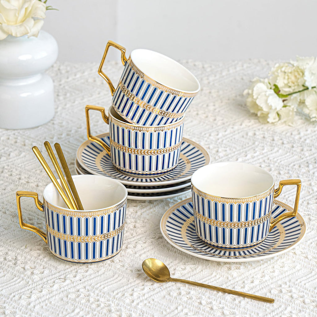 CwlwGO-Ceramic Coffe Cups and Saucer Sets,British Bone China Blue Gold Tea Cup and Saucers Service for 4,Gifts Box, China Tea Set, Tea Sets for Women and Adults.