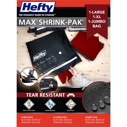 Hefty MAX Shrink-Pak Vacuum Seal Storage Bags for Clothing, Travel, Bedding | Tear-Proof, Dual-Valve Space Saver Compression Bags - 1 Large, 1 XL, 1 Jumbo