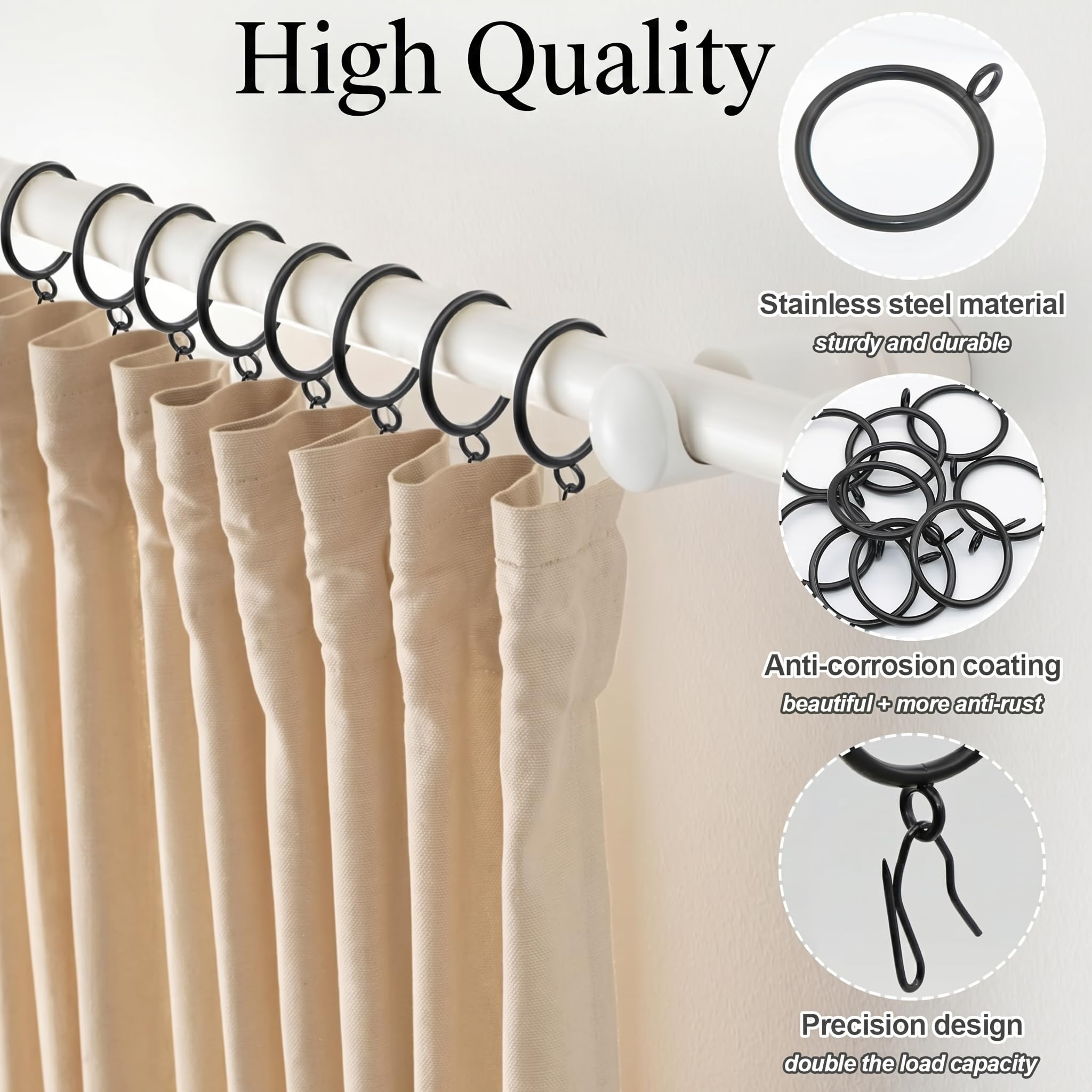 CONAMEI 50 Pcs Curtain Rings and Hooks 1.52 Inch - Stainless Steel Shower Curtain Rings and Hooks with Eyelets for Curtains Rods and Bathroom Shower Rods, Black