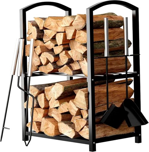 HOME IT Firewood Rack - 2-Tier Indoor/Outdoor Log Holder with Fireplace Tools Set | Waterproof Steel, Black - 17x12x29