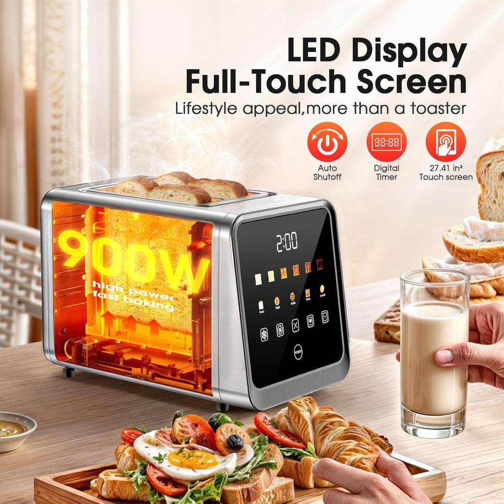 Skiennix 2-Slice Toaster - Smart Digital Touchscreen, 1.5" Extra-Wide Slots, 6 Browning Settings, 900W