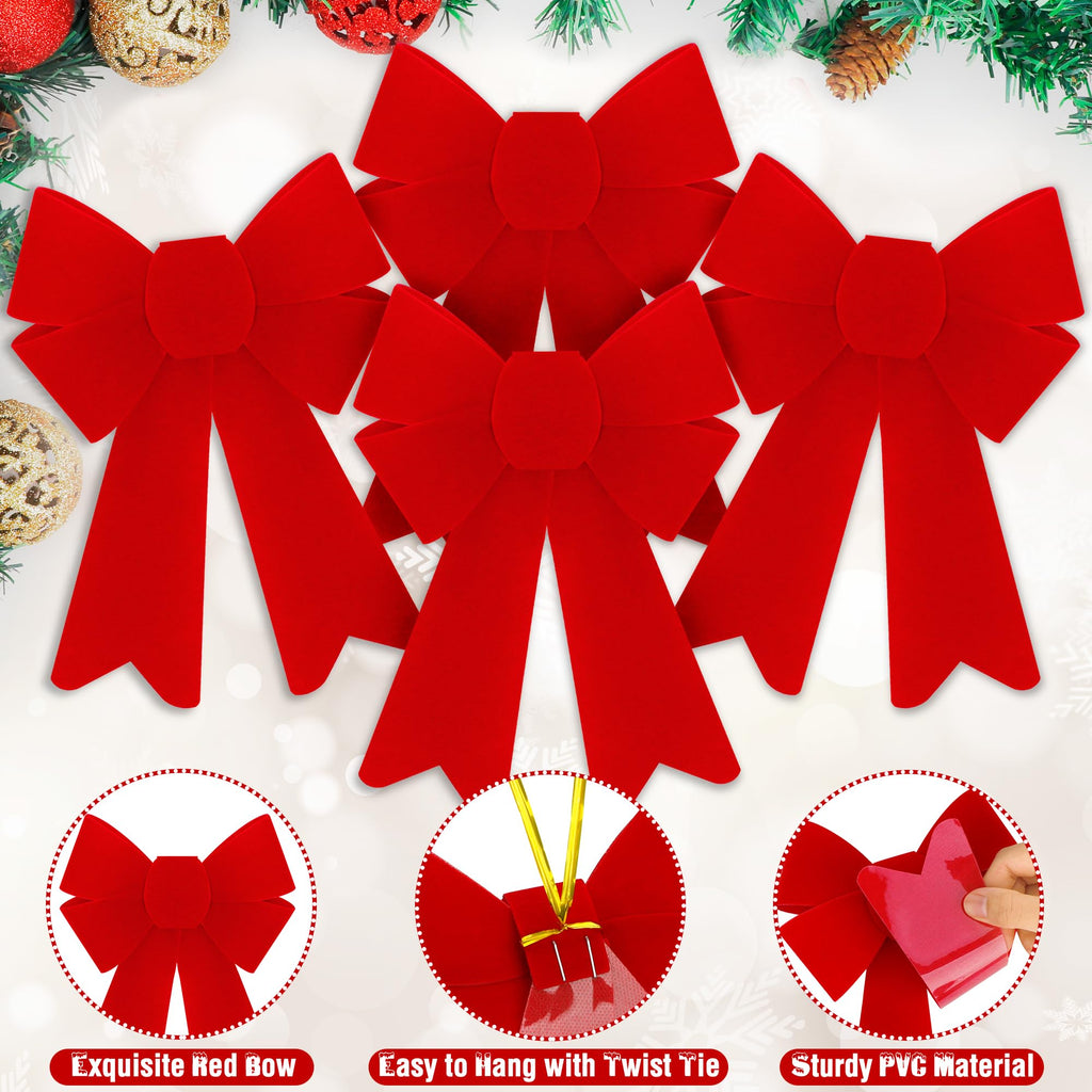 Heartome 12 PCS Christmas Bows, PVC Christmas Tree Bows 5 x 8 Inches, Red Velvet Bows for Hanging Red Xmas Outdoor Indoor Large Bows Xmas Decor Party Supplies Wreath Railing Fences