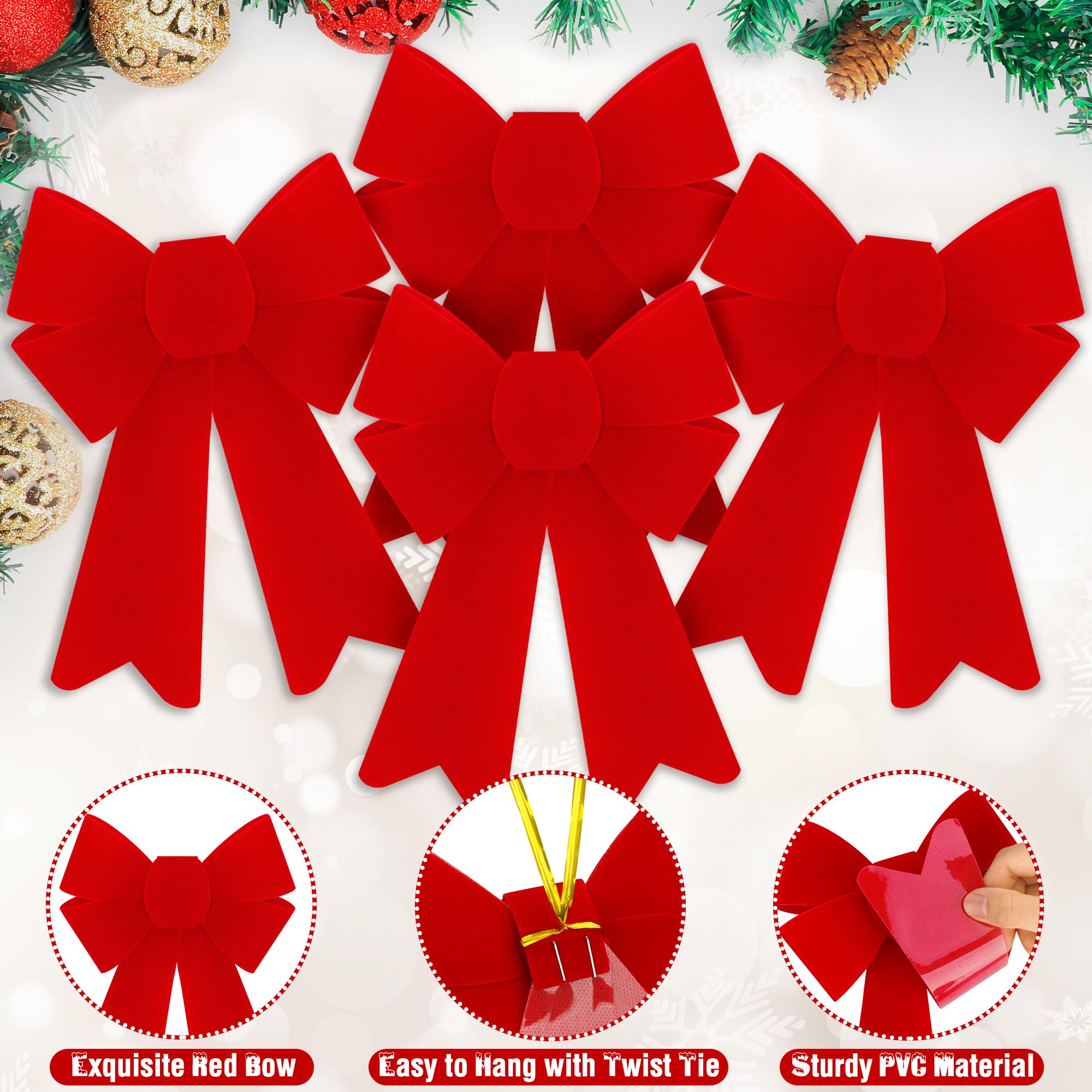 Heartome 12 PCS Christmas Bows, PVC Christmas Tree Bows 5 x 8 Inches, Red Velvet Bows for Hanging Red Xmas Outdoor Indoor Large Bows Xmas Decor Party Supplies Wreath Railing Fences