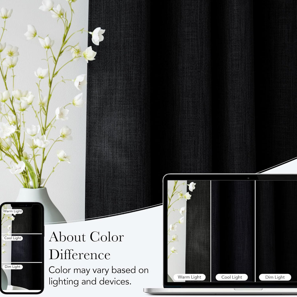 NICETOWN Black Faux Linen Blackout Curtains - 63 Inch Privacy Panels for Living Room & Kitchen, 2 Panels