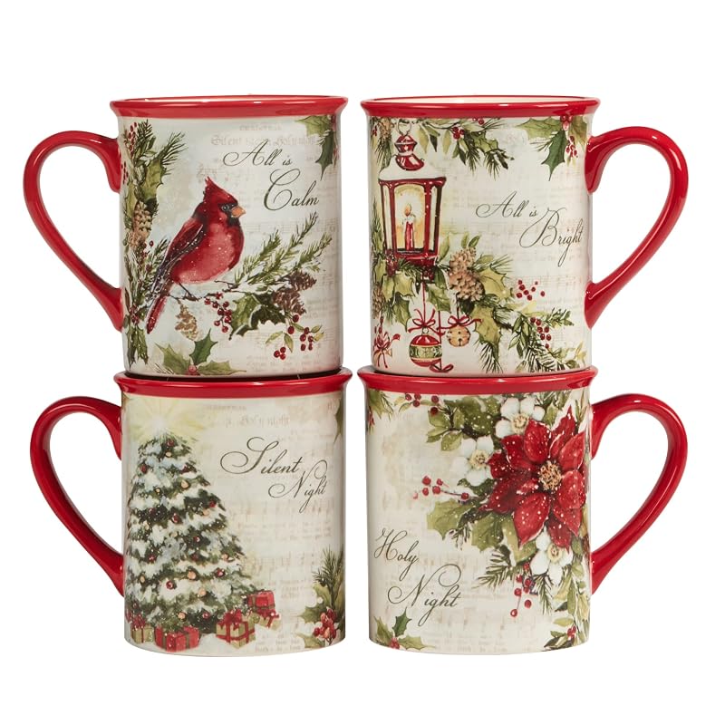 Silent Night 16 oz Mugs Set of 4 – Durable Earthenware, Susan Winget Holiday Design