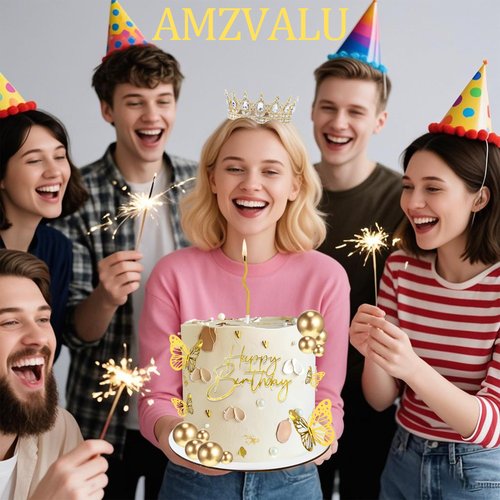 AMZVALU Crown Cake Topper, Gold Happy Birthday Cake Toppers Crown Balls Candles Butterflies, Corona Para Pastel, Cake Decorations for Women Princess Queen Wedding Party Decorations (Gold, White)