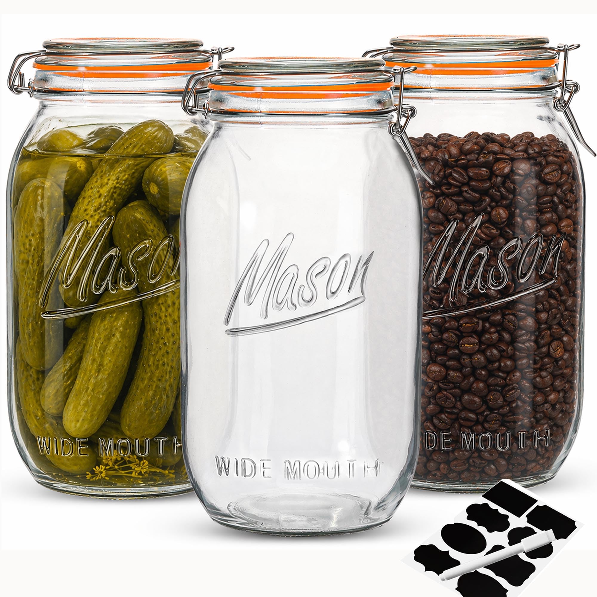 Qeisia 64oz Wide Mouth Mason Jars (3 Pack) – Reusable Airtight Glass Storage Jars with Hinged Lids, BPA-Free, Dishwasher Safe, Perfect for Canning, Pickling, Coffee & Fermenting