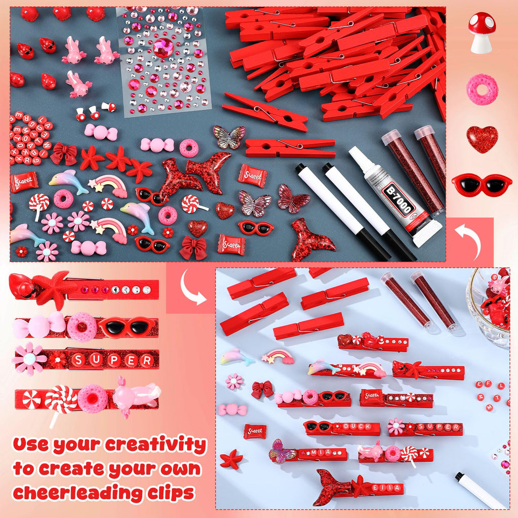Youyole 50 Sets Cheer Pins Spirit Clips Include Wooden Clothes Pins Mini Resin Animals Bows Beads Letters Self Adhesive Stickers Pen for Cheerleaders Backpacks Christmas Gifts DIY Craft (Red)