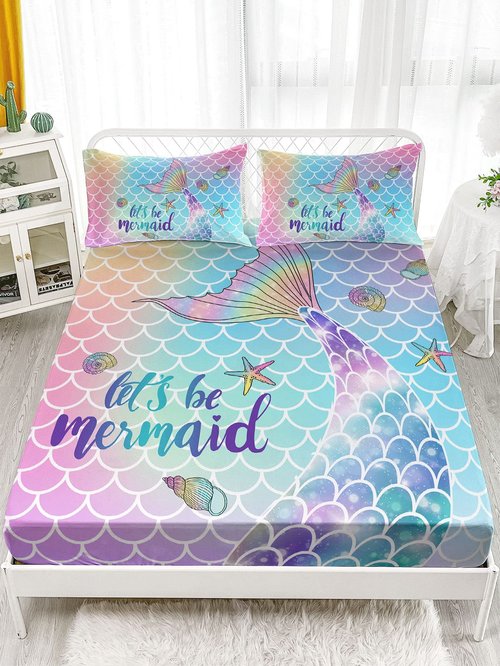 Datura home 4Pcs Kids Fitted Sheet and Flat Set Rainbow Scales Mermaid Printed Pattern Bedding with 1 + 2 Pillowcases for Boys Girls (Rainbow Twin), 67x97 Inches