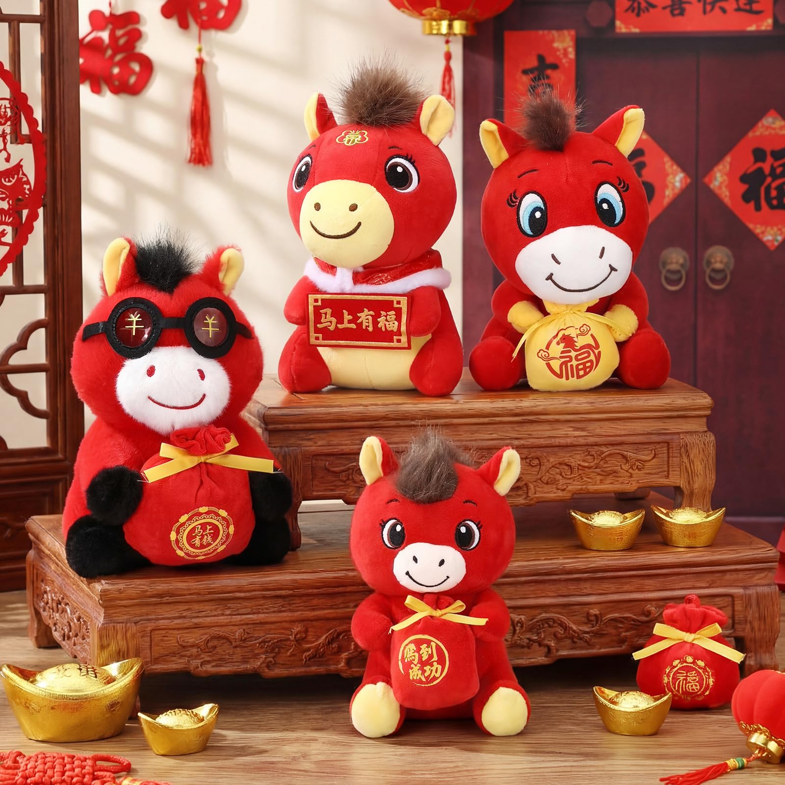 Silipull 4 Pcs Chinese New Year Horse Mascot Pillow 7.9-9.8 inches 2026 Year of the Horse Cushion Festive Gift for Home Decoration Spring Festival Holiday(Blessing Style)
