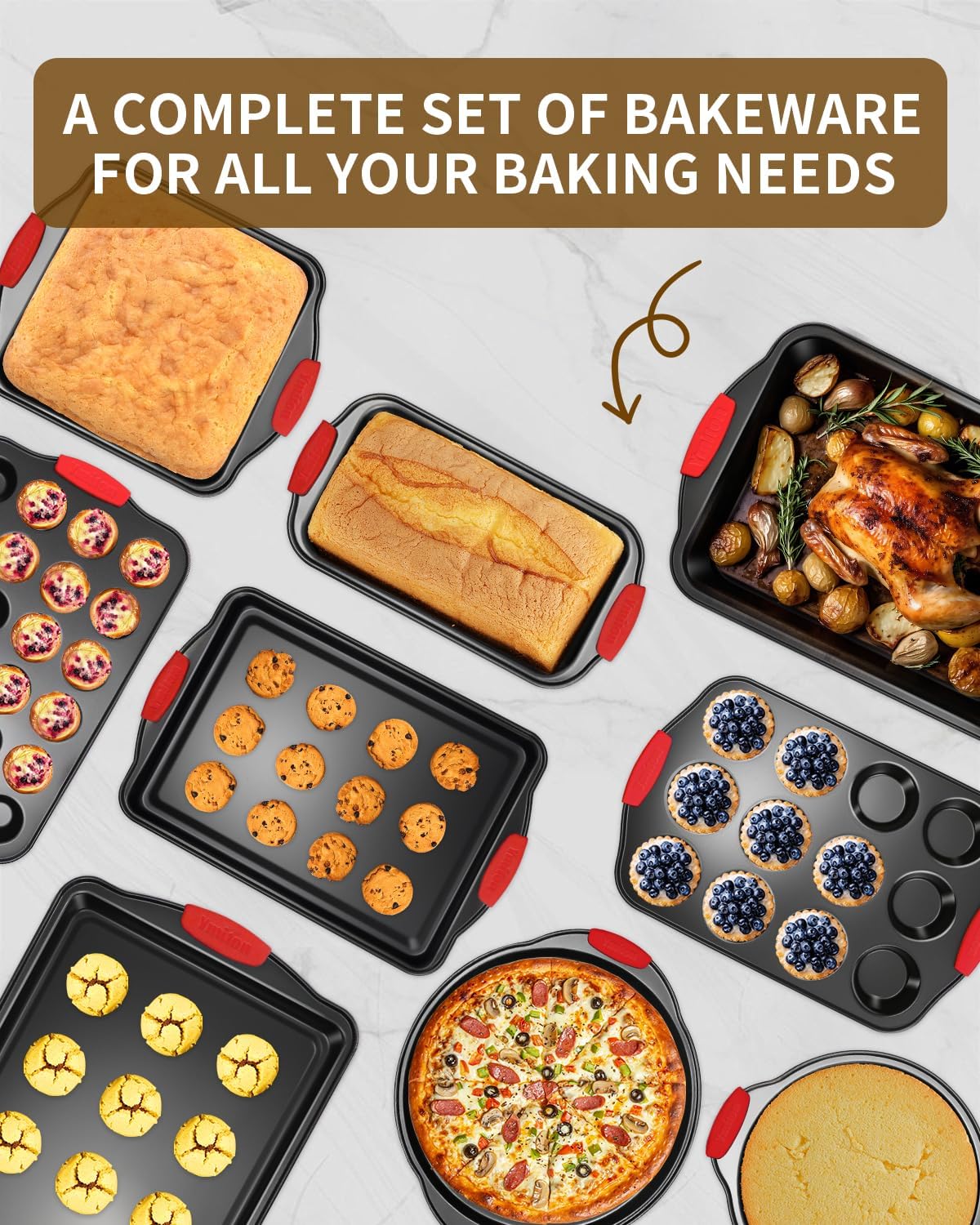Skiennix Baking Pans Set - 34 PCS Nonstick Bakeware with Silicone Handles | Includes Cookie Sheet, Cake Pans & More