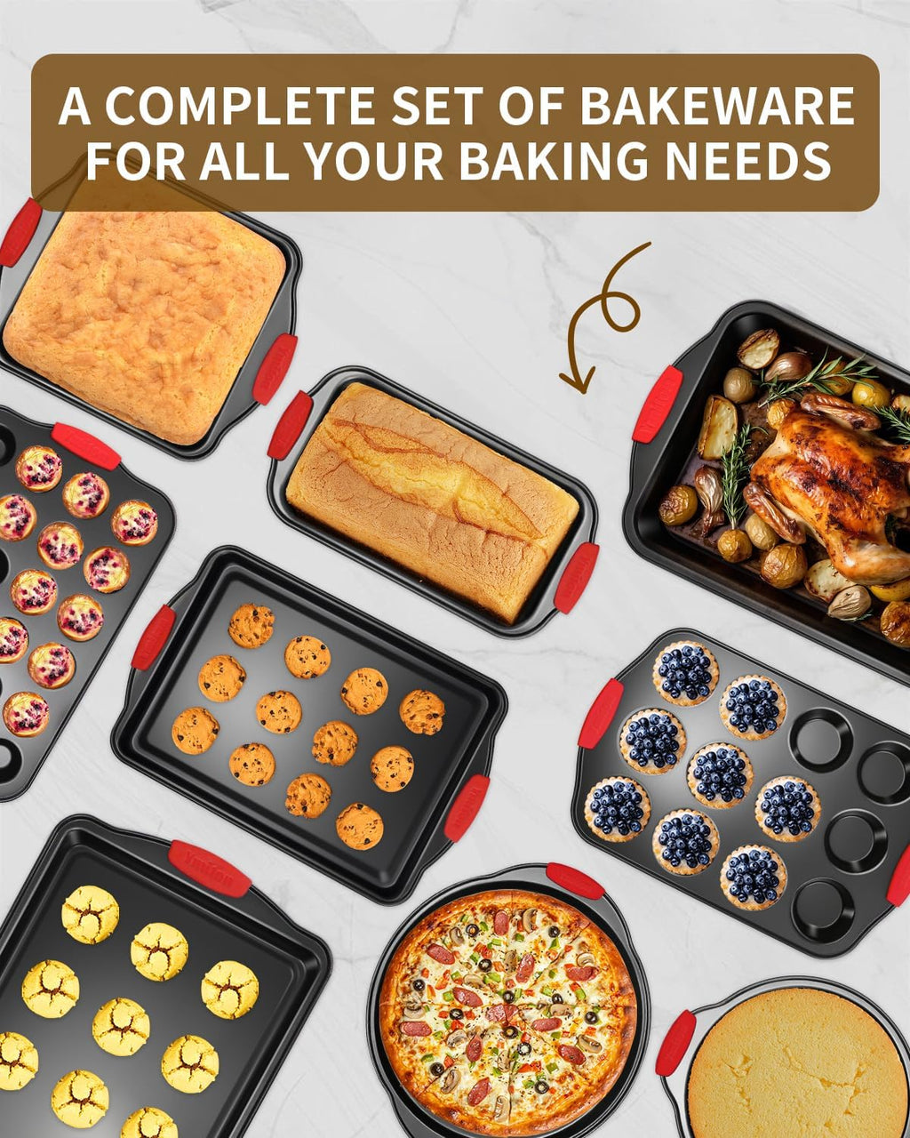Skiennix Baking Pans Set - 34 PCS Nonstick Bakeware with Silicone Handles | Includes Cookie Sheet, Cake Pans, Muffin Pan & More
