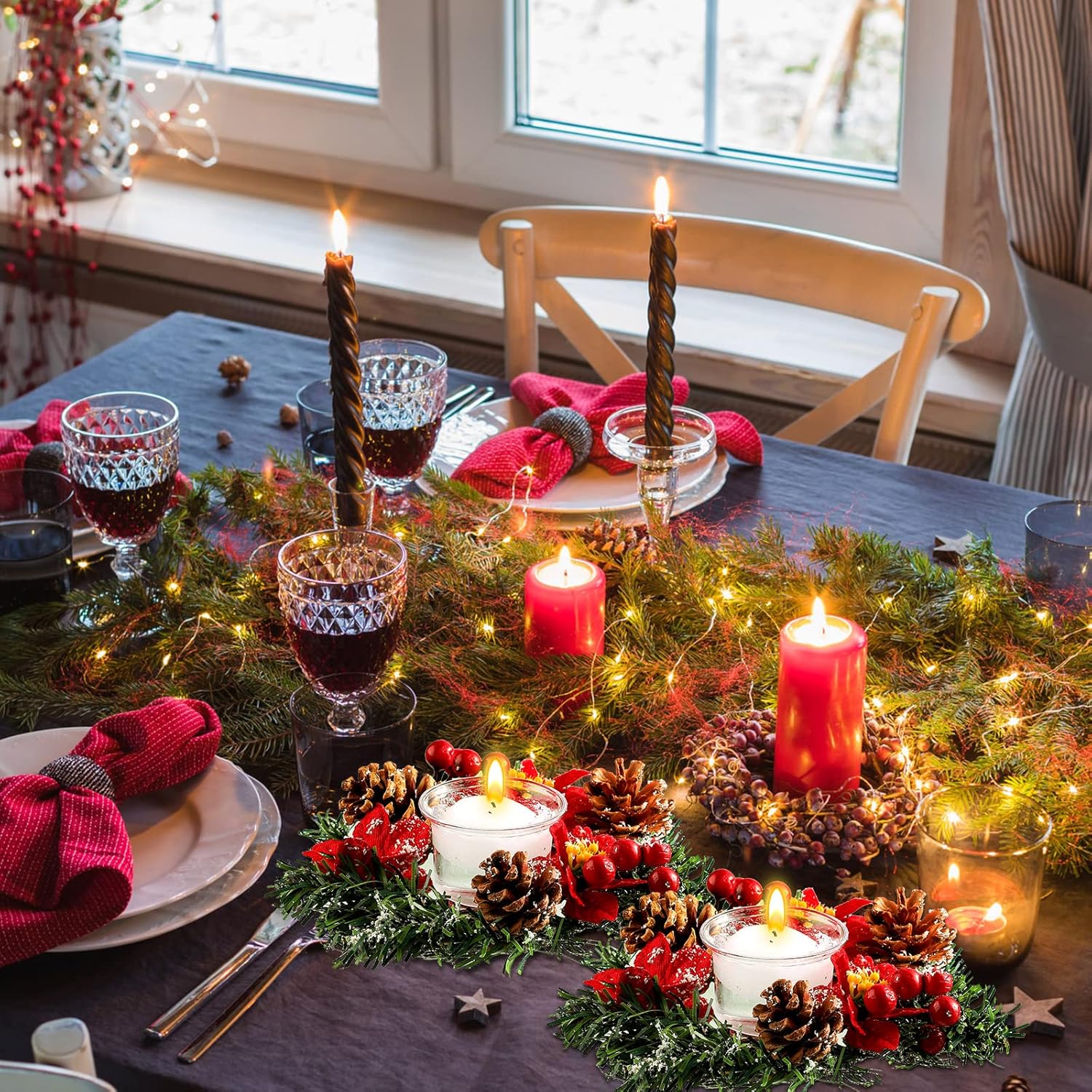 Regine Switzerland 8 Pack Christmas Poinsettia Candle Rings - Festive Table Centerpiece with Tealight Holders & Red Berries