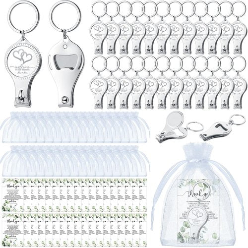 Fulmoon Wedding Multi Function Bottle Opener Nail Clipper Wedding Favors Brewery Cards White Organza Bags for Party Supplies Gift Souvenir Guests Men Women (150 Sets)