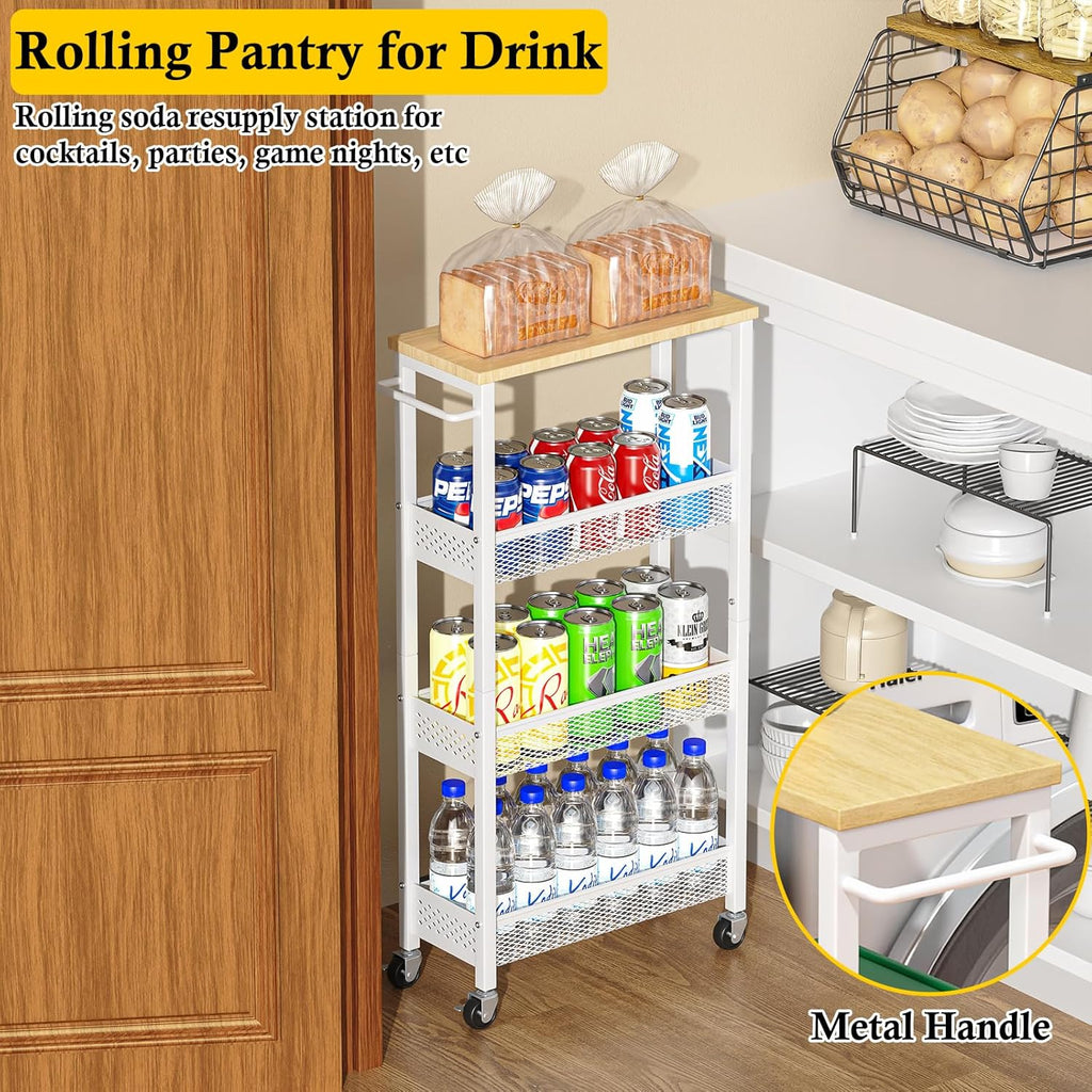 OKZEST Slim Rolling Storage Cart - 4 Tier Mobile Organizer with Wood Top for Kitchen & Bathroom