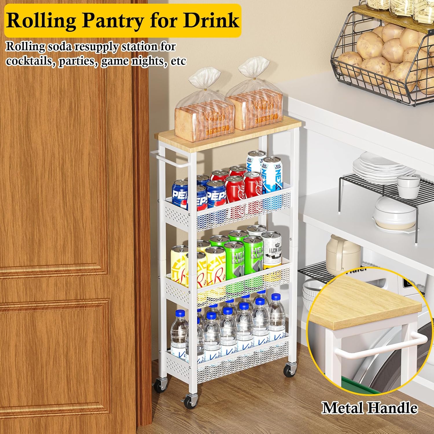 OKZEST Slim Rolling Storage Cart - 4 Tier Mobile Organizer with Wood Top for Kitchen & Bathroom