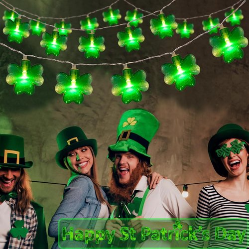 Fonusty St Patricks Shamrock String Lights Battery Operated 10Ft 20 LED Green Shamrock Lights with Timer, Indoor Outdoor Lucky Clover String Lights for Bedroom St. Patrick's Day Decor