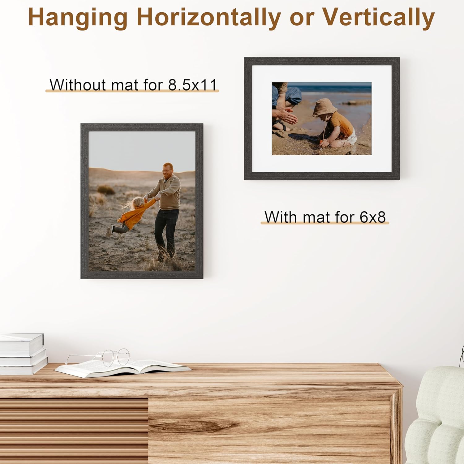 Vittanly Picture Frame - Solid Wood with Plexiglass & 6x8 Mat | Charcoal Black, 8.5x11 Size