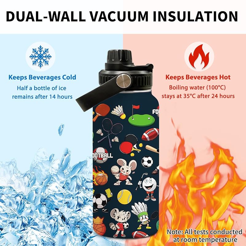 Ball-Shaped 32oz Insulated Water Bottle, Leak-Proof Stainless Steel, Soccer/Football Style