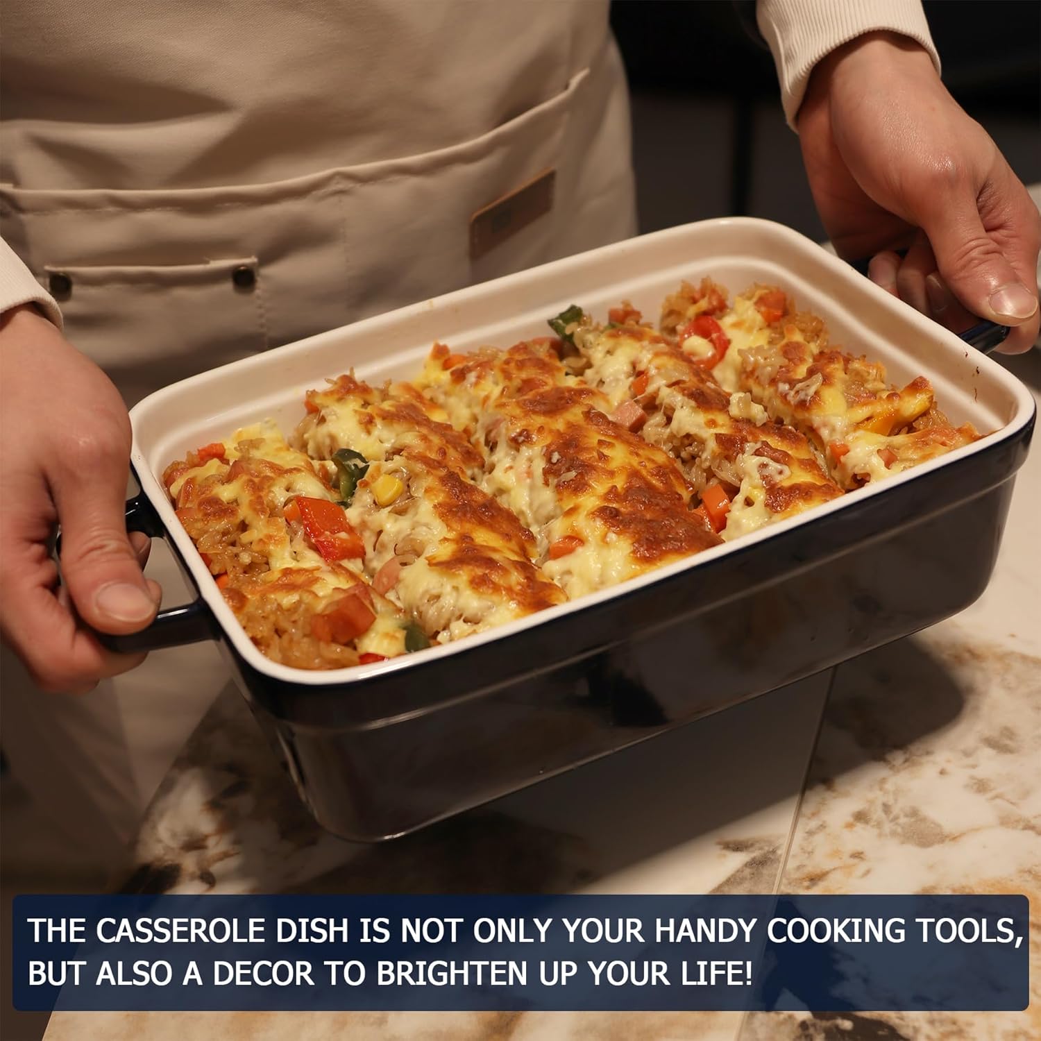 Skiennix Baking Pan - Deep Ceramic Lasagna Dish with Handles & Lid | Navy Blue, 3.1 Quarts