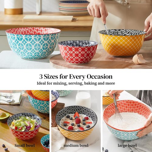 DOWAN Ceramic Mixing Bowls - Colorful Nesting Bowls for Cooking & Baking | Set of 3 (3.7/2/1 Qt)