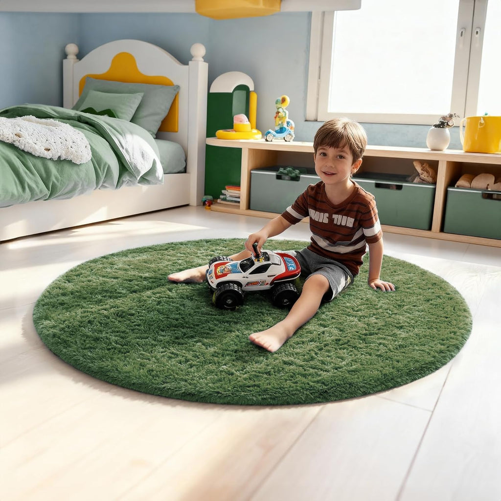 Ophanie Round Area Rug - 4Ft Grey Green Circle Design | Plush Soft Shaggy Carpet for Kids' Rooms