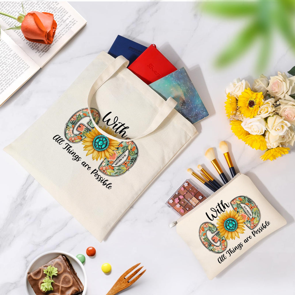 Tecanne Christian Gifts for Women, Canvas Tote Bag with Makeup Bag, Inspirational, Religious, Spiritual, Birthday, Christmas Gifts for Women Her, Mom, Wife, Girlfriend, Sisters, Best Friends