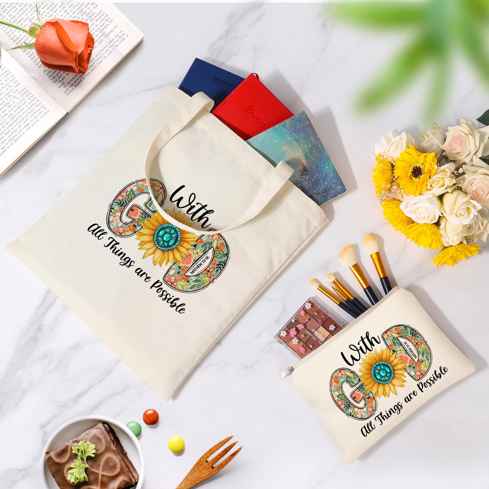 Tecanne Christian Gifts for Women, Canvas Tote Bag with Makeup Bag, Inspirational, Religious, Spiritual, Birthday, Christmas Gifts for Women Her, Mom, Wife, Girlfriend, Sisters, Best Friends