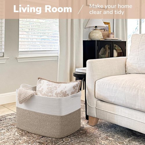 Goodpick Woven Storage Baskets - 18" x 14" x 12" Rectangle Toy Organizer for Living Room & Kids | White & Brown