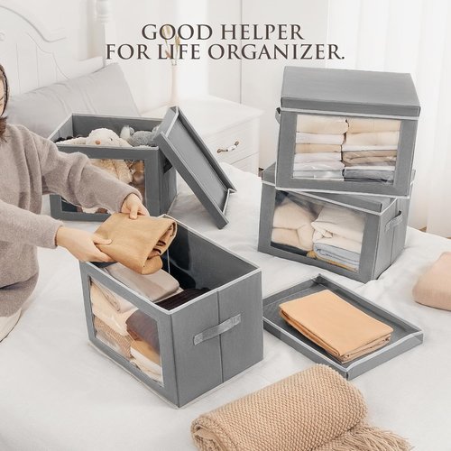 Homsorout Stackable Storage Bins - Large Fabric Organizer Baskets with Lids | 5-Pack, Grey
