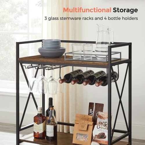 VASAGLE Bar Cart, Serving Cart, Mobile Kitchen Shelf with Glass Stemware Rack and Wine Bottle Holders, Industrial, Rustic Brown and Black ULRC088B01