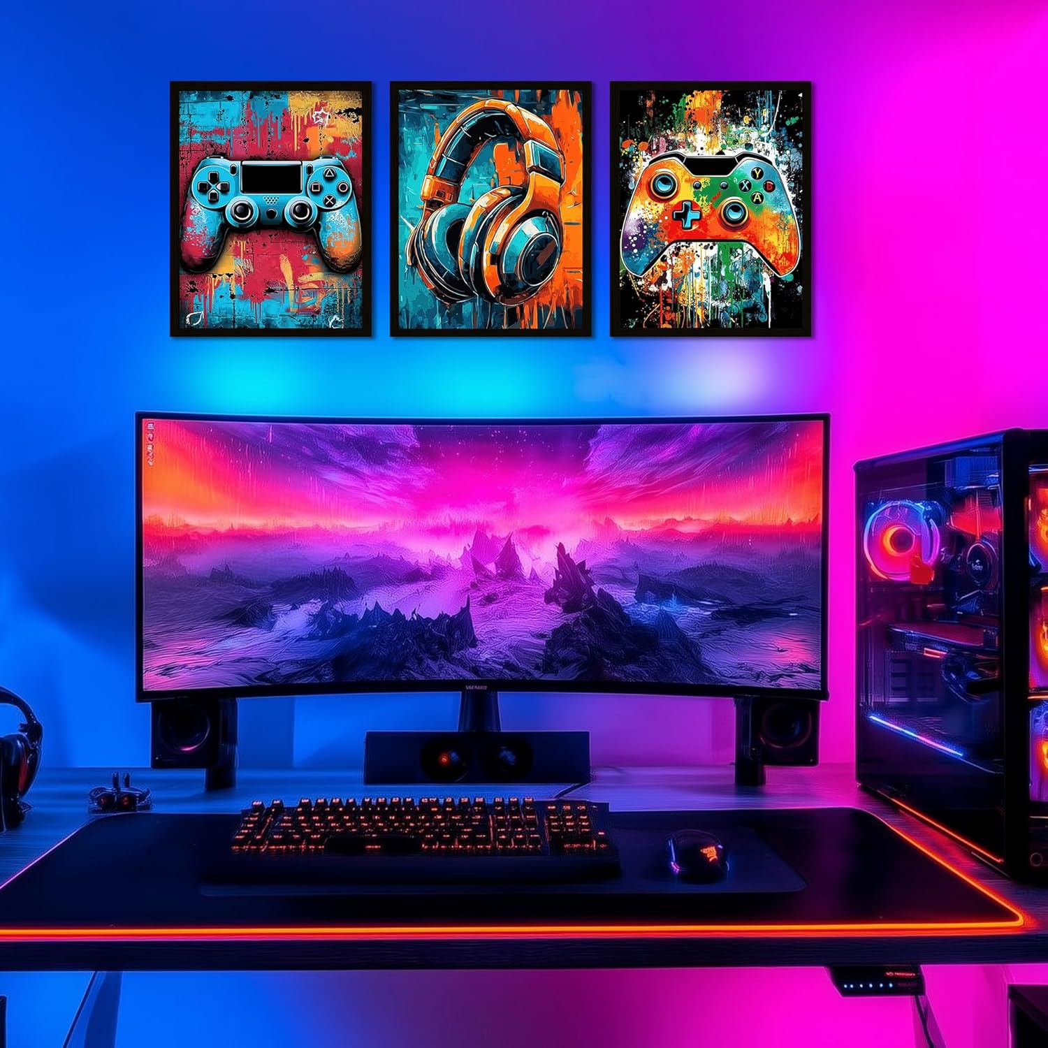 Skiennix Gaming Wall Art - Neon Watercolor Graffiti Gamepad Prints | 8x10 in, Set of 3 for Teen Boys