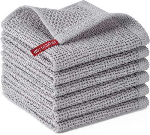 BOOMIBOO Kitchen Dish Cloths - 100% Cotton Waffle Weave, Ultra Soft & Absorbent | 6-Pack, Light Grey, 12x12 Inches