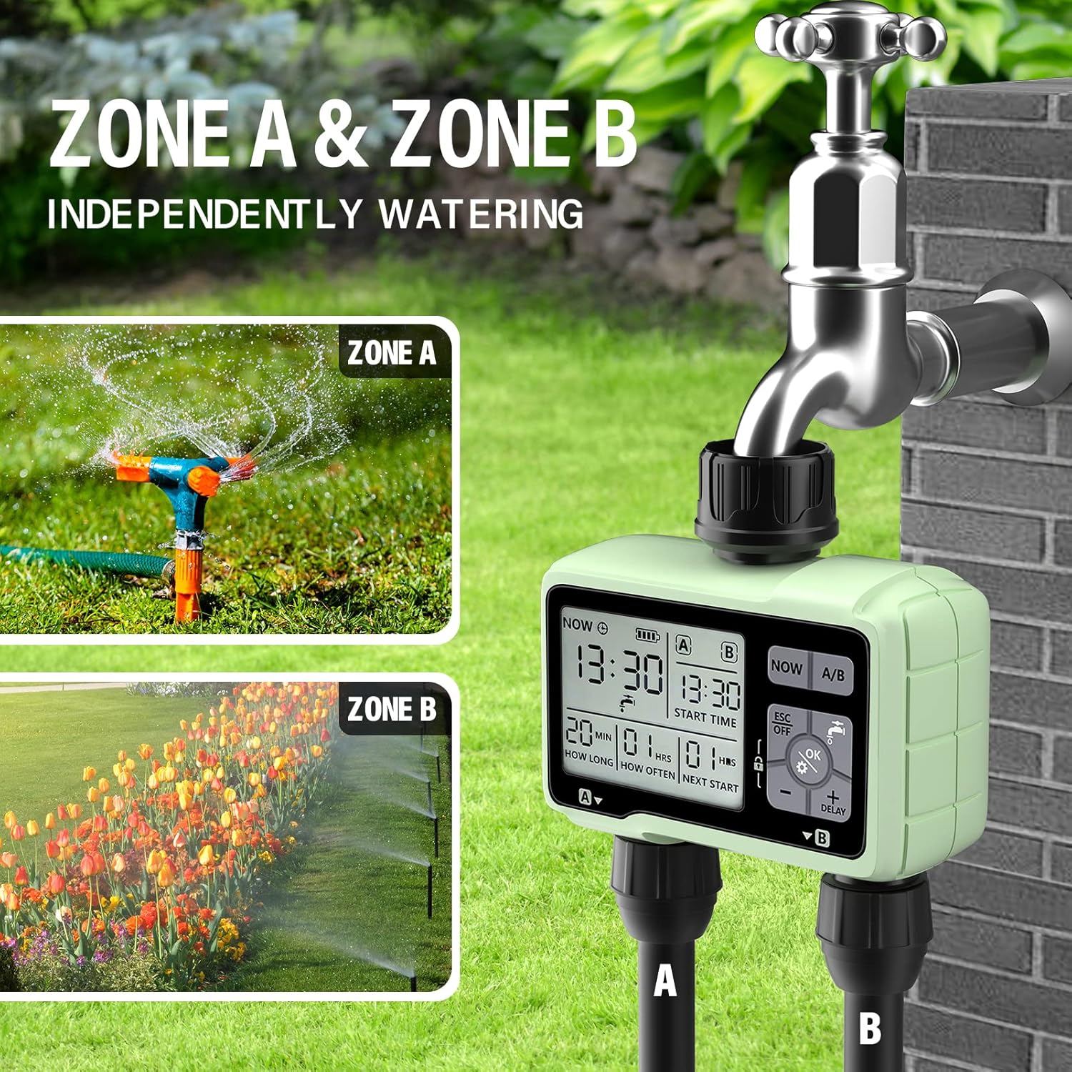 SOYUS Programmable Outdoor Garden Hose Timer - Waterproof Digital Irrigation System with 2 Outlets