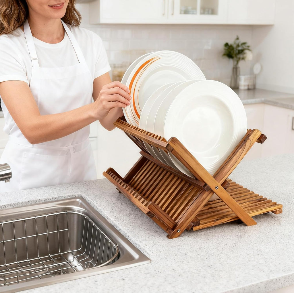 Utoplike Large Teak Dish Drying Rack - 3-Tier Collapsible Wooden Kitchen Organizer for Plates & Cups