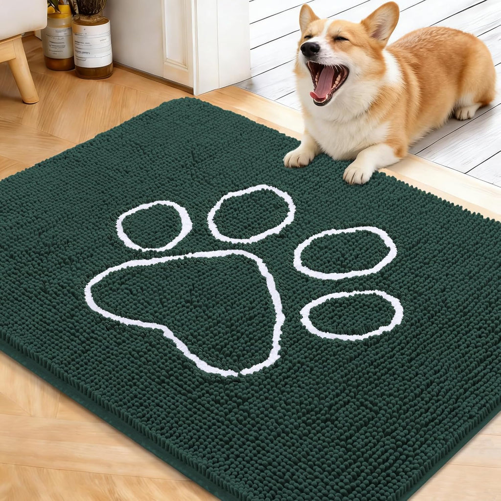 OLANLY Dog Door Mat - Absorbent Non-Slip Muddy Paws Design | Quick Dry Chenille 40x32, Blackish Green