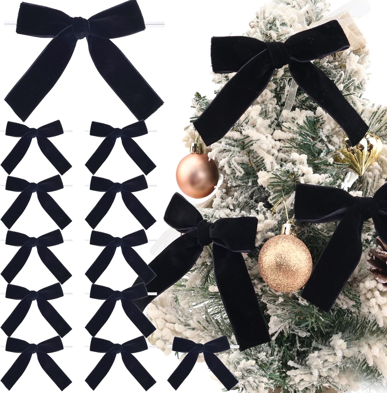 Velvet Bows 12 PCS - Premade Christmas Bows for Trees, Wreaths & Gift Wrapping | Elegant Black Design