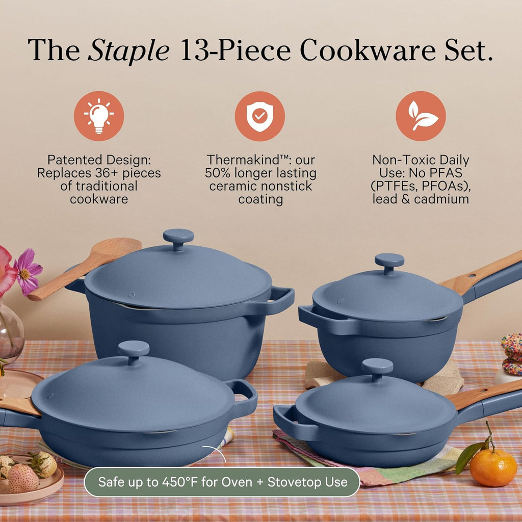 Our Place Cookware Set - 13-Piece Nonstick Kitchen Essentials | Toxin-Free, Heat Safe to 450°F | Blue Salt