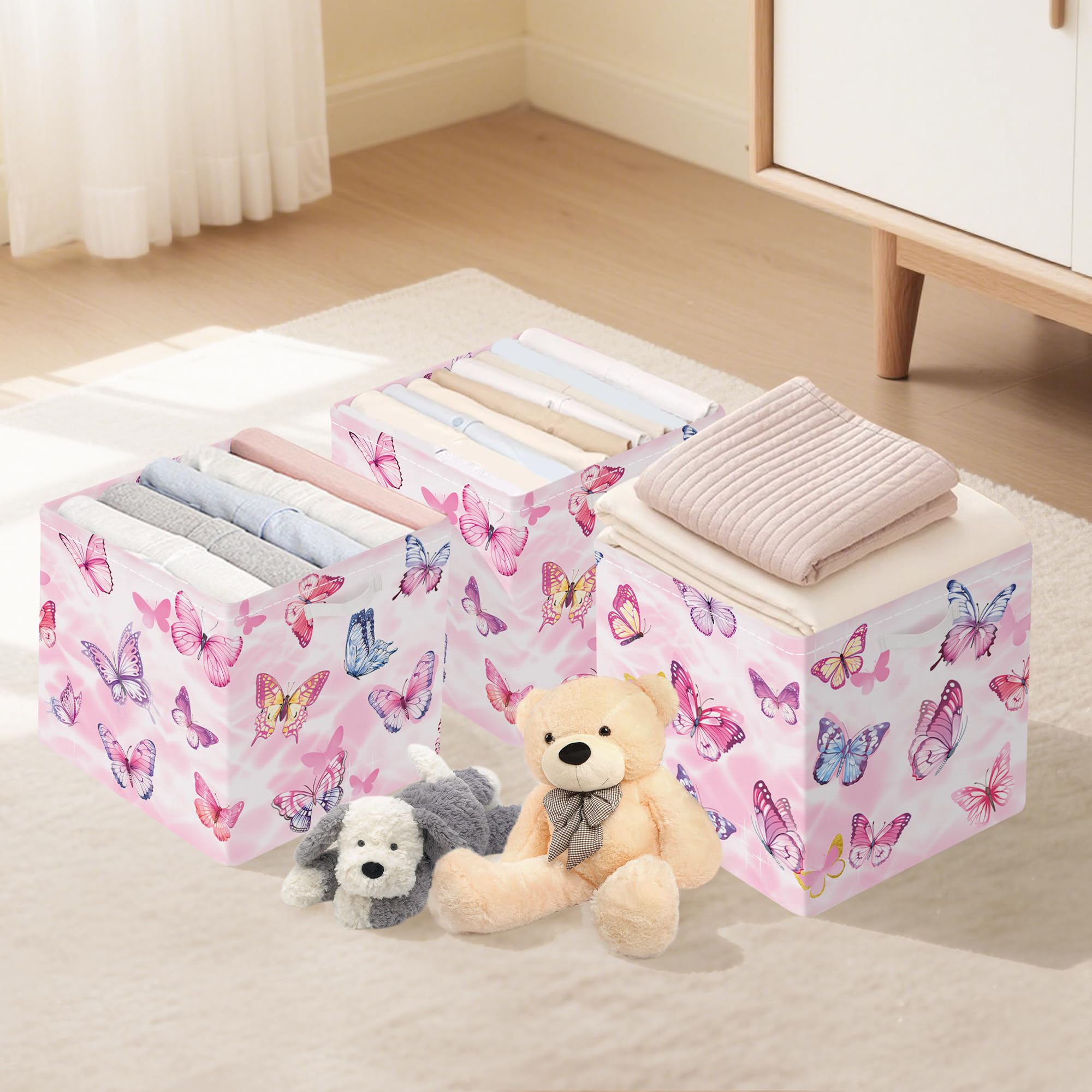 Clastyle Butterfly Kid Storage Cube Organizer Set Watercolor Closet Clothes Cube with Metal Frame Storage Bin Nursery Toddler Toy Box Chest Girl Book Shelf Basket, Pink, 11.8x11.8x11.8 in
