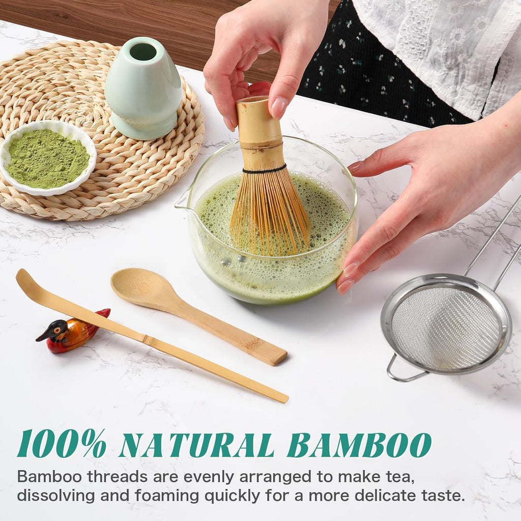 Skiennix Matcha Whisk Set - Complete 6-Piece Kit with Bamboo Whisk, Ceramic Holder & Sifter