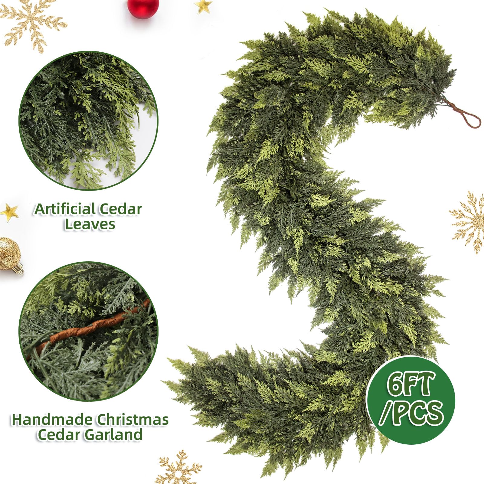 F.ZEGAO 6FT Christmas Cedar Garland Thick & Lush, Real Touch Faux Greenery Christmas Garland for Mantle, Fireplace, Porch, Outdoor & Indoor Holiday Decorations, Not Include Light String (1 Pcs)