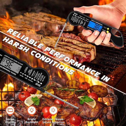 Instant Read Meat Thermometer - Fast, Accurate Digital Food Thermometer with Magnet & Backlight | Waterproof for Cooking, BBQ, Grilling, Baking (Black)