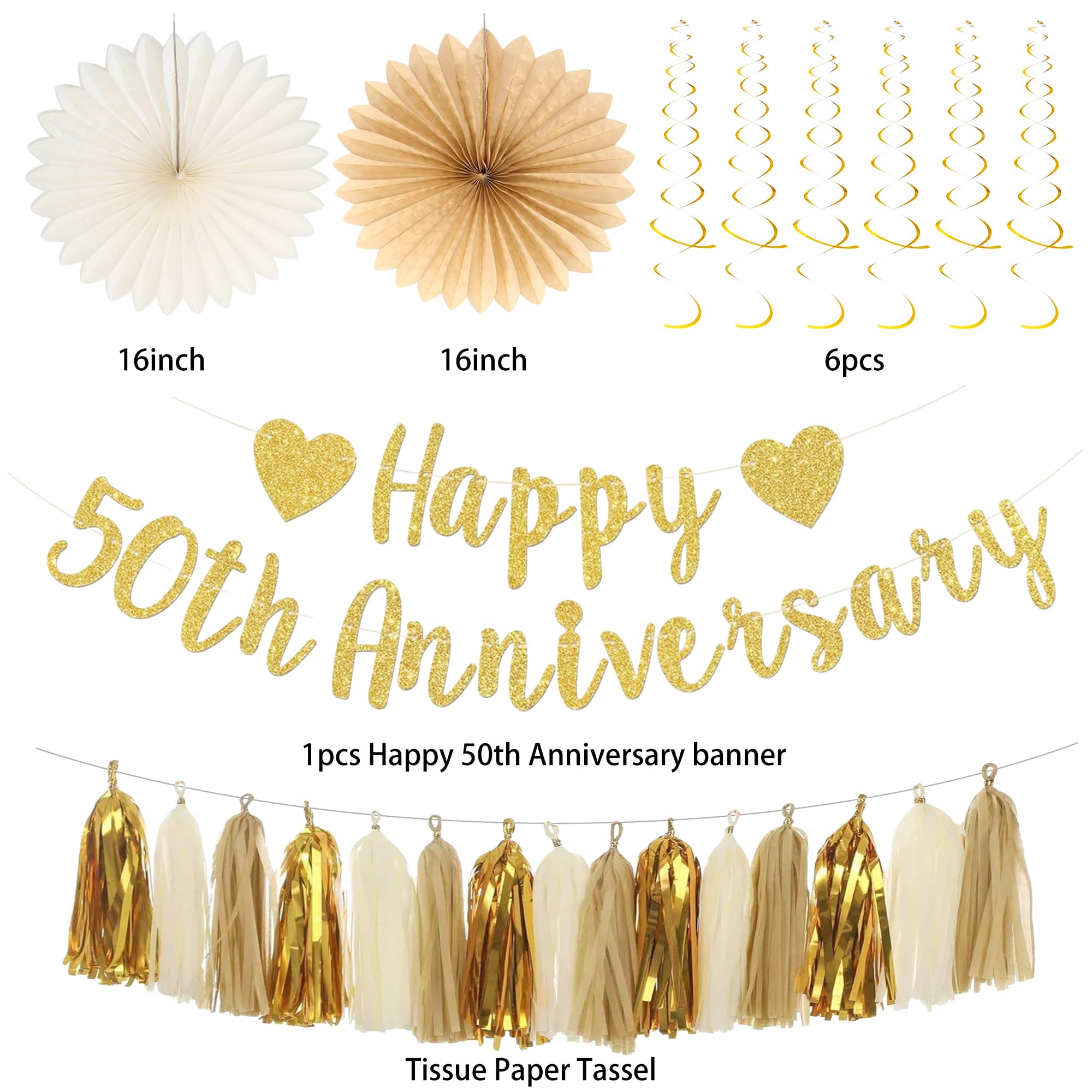 Roetyce 50th Anniversary Decorations, Gold Glitter Happy 50th Anniversary Banner Photo Background for Women Men, Cheers to 50 Years Backdrop Pompoms Paper Fans Party Supplies Dad Mom